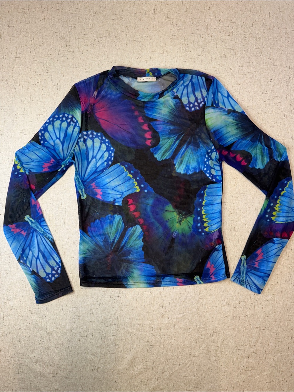 MIROH Butterfly Mesh Long Sleeve Top Women’s M Blue Y2K Sheer Fairy Grunge N0736